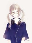  1girl blonde_hair blue_eyes closed_mouth collarbone glasses head_tilt headphones kana_(kwbr) looking_to_the_side original semi-rimless_glasses shirt signature simple_background solo t-shirt twintails upper_body 
