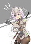  !! /\/\/\ 1girl absurdres artist_name between_fingers blush bodysuit braid breasts cowboy_shot dated eyepatch genji_(overwatch) genji_(overwatch)_(cosplay) grey_background headgear highres horns katana lavender_hair long_hair looking_at_viewer open_mouth overwatch power_armor sheath shuriken simple_background sirius_(zhan_jian_shao_nyu) skin_tight skindentation solo standing sword thigh_strap violet_eyes weapon white_background white_hair zhan_jian_shao_nyu zhudacaimiao 