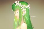  1girl bangs brown_background c.c. closed_mouth code_geass creayus eyelashes from_side green_hair head_wreath light_smile long_hair profile shiny shiny_hair solo twitter_username 