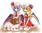  2girls :o arm_garter ascot bat_wings blonde_hair blue_hair blush book bow brooch crystal flandre_scarlet frilled_shirt_collar frills full_body hat holding holding_book jewelry kanon_(ikamiso) mob_cap multiple_girls pink_shirt pink_skirt puffy_short_sleeves puffy_sleeves reading red_bow red_eyes red_ribbon red_shirt red_skirt remilia_scarlet ribbon seiza shirt short_sleeves siblings side_ponytail sisters sitting skirt skirt_set smile touhou v_arms white_background wings 