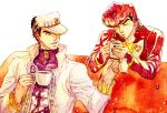  2boys anchor_symbol azumadori_tsugumi black_hair blue_eyes closed_eyes coat coffee_mug couch cup gakuran hat hat_over_one_eye heart higashikata_jousuke jojo_no_kimyou_na_bouken kuujou_joutarou male_focus multiple_boys pin pompadour redhead school_uniform teacup turtleneck 