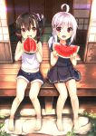  2girls :o ahoge bangs bare_legs barefoot belly_peek black_dress child dappled_sunlight dress eating eyebrows eyebrows_visible_through_hair feet food fruit full_body hair_between_eyes hair_bobbles hair_ornament hairclip highres holding holding_fruit leaf looking_at_another low_ponytail mirai_(miraichizu) multiple_girls open_mouth original outdoors porch red_eyes round_teeth sailor_dress school_uniform setsuna_(miraichizu) shirt short_dress short_sleeves shorts shouji side-by-side side_ponytail sidelocks silver_hair sitting skirt sleeveless sleeveless_shirt sliding_doors summer sunlight tank_top tatami teeth toes veranda watermelon white_shirt you&#039;re_doing_it_wrong younger zero_(miraichizu) 