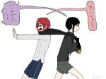  2boys black_hair bota_(tsuboyan) comic flat_color male_focus multiple_boys redhead scarf scarf_pull shinano_toushirou short_hair shorts simple_background suspenders touken_ranbu white_background yagen_toushirou 