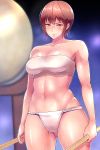  1girl bifidus breasts brown_eyes brown_hair commentary_request fundoshi gakuen_taisen_valkyries instrument japanese_clothes large_breasts night shadow shiny shiny_skin short_hair sidelocks smile solo strapless taiko_drum taiko_sticks toned tubetop 