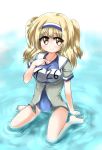  1girl alternate_hair_color blonde_hair breasts clothes_writing hairband highres i-26_(kantai_collection) jacket kantai_collection large_breasts long_hair looking_at_viewer new_school_swimsuit open_clothes ripples rsu511 sitting smile solo wariza water yellow_eyes 