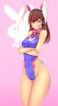  1girl animal_ears bangs bare_shoulders blush bow bowtie bracer breasts brown_eyes brown_hair bunny_girl bunny_tail bunnysuit closed_mouth covered_navel cowboy_shot crossed_arms d.va_(overwatch) eyebrows eyebrows_visible_through_hair facepaint facial_mark fake_animal_ears gloves groin headphones high_collar highleg highleg_leotard highres legs leotard lips long_hair medium_breasts moeroknight overwatch pink_background pink_bow pink_bowtie pink_lips purple_leotard rabbit_ears ribbed_leotard simple_background sleeveless solo standing tail thighs turtleneck whisker_markings white_gloves 