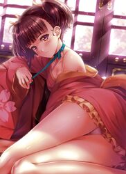  1girl ass bangs blush breasts brown_hair choker cleavage commentary_request hair_ribbon indoors japanese_clothes kimono koutetsujou_no_kabaneri light_rays long_sleeves looking_at_viewer lying mumei_(kabaneri) off_shoulder on_side panties red_eyes ribbon ribbon_choker short_hair short_kimono smile solo sunlight thighs twintails underwear untying white_panties window yukikaze_(aaassszzz) 