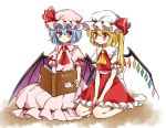  2girls :o arm_garter ascot bat_wings blonde_hair blue_hair blush book bow brooch crystal flandre_scarlet frilled_shirt_collar frills full_body hat holding holding_book ikamiso9898 jewelry kanon_(ikamiso) mob_cap multiple_girls pink_shirt pink_skirt puffy_short_sleeves puffy_sleeves reading red_bow red_eyes red_ribbon red_shirt red_skirt remilia_scarlet ribbon seiza shirt short_sleeves siblings side_ponytail sisters sitting skirt skirt_set smile touhou v_arms white_background wings 