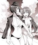  3girls beach bikini bonkara_(sokuseki_maou) garrison_cap girls_und_panzer hat jacket_on_shoulders monochrome multiple_girls nishizumi_maho nishizumi_miho short_hair swimsuit 