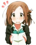  1girl bow bowtie brown_eyes brown_hair commentary_request eyebrows eyebrows_visible_through_hair fujimiya_kaori gyahu hair_bun highres isshuukan_friends long_sleeves looking_at_viewer open_mouth paper school_uniform simple_background solo upper_body 