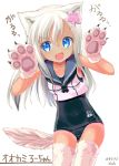  1girl animal_ears blonde_hair blue_eyes blush cat_ears cat_paws cat_tail covered_navel crop_top dada_(esoragoto) fang flower gloves hair_flower hair_ornament kantai_collection kemonomimi_mode long_hair looking_at_viewer one-piece_tan open_mouth paw_gloves paw_pose paws ro-500_(kantai_collection) sailor_collar school_swimsuit solo swimsuit swimsuit_under_clothes tail tan tanline thigh-highs white_legwear 