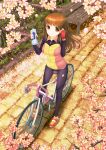  1girl bench bicycle bike_jersey bottle breasts brown_eyes brown_hair chair cherry_blossoms fingerless_gloves from_above gloves ground_vehicle jersey long_hair medium_breasts original pants petals rakuga ringed_eyes smile solo tile_floor tiles tree watch watch water_bottle 