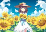  1girl bare_shoulders blue_eyes blue_sky blurry blush brown_hair clouds day depth_of_field dress field flower flower_field hat hat_flower long_hair looking_at_viewer md5_mismatch original outdoors sky smile solo standing sun_hat sundress sunflower sutorora white_dress 