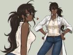  1girl ahoge bare_shoulders belt belt_buckle breasts brown_eyes brown_hair buckle choker collarbone cowboy_shot dark_skin drill_(emilio) earrings eyebrows_visible_through_hair glasses grey_background hair_between_eyes hands_on_hips heart jewelry long_hair looking_at_viewer medium_breasts multiple_views myra_(drill_(emilio)) original pants ponytail simple_background sleeveless sleeves_rolled_up smile standing upper_body 