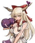  1girl alternate_breast_size blonde_hair bow breasts eyebrows eyebrows_visible_through_hair gourd hair_bow horn_ribbon horns ibuki_suika jonylaser large_breasts long_hair looking_at_viewer open_mouth platinum_blonde purple_ribbon purple_skirt red_bow ribbon sash shirt sidelocks skirt sleeveless sleeveless_shirt solo tongue tongue_out touhou upper_body white_background white_shirt yellow_eyes 