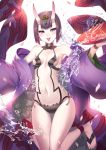  1girl :p aguy alcohol barefoot barefoot_sandals blush bracelet breasts detached_collar fate/grand_order fate_(series) hair_ornament japanese_clothes jewelry jumping kimono makeup navel off_shoulder oni oni_horns pale_skin petals purple_hair sakazuki sandals short_hair shuten_douji_(fate/grand_order) small_breasts solo spilling thigh_gap toes tongue tongue_out violet_eyes 