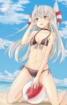  1girl :d adapted_costume amatsukaze_(kantai_collection) ball bare_arms bare_legs bare_shoulders barefoot beach beachball between_legs bikini blue_sky bow breasts brown_bikini brown_eyes brown_ribbon choker cleavage clouds cloudy_sky collarbone day grey_bow hair_tubes hand_in_hair horizon kantai_collection kneeling legs_apart long_hair looking_to_the_side navel ocean open_mouth remil ribbon sand side-tie_bikini silver_hair sky small_breasts smile solo stomach swimsuit twintails very_long_hair water 