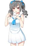  1girl alternate_costume bare_arms bare_shoulders blue_bow blush bow breasts drill_hair eyebrows eyebrows_visible_through_hair grey_hair hair_bow hair_twirling idolmaster idolmaster_cinderella_girls kanzaki_ranko long_hair looking_at_viewer medium_breasts memume open_mouth red_eyes sailor_collar simple_background solo twin_drills white_background 