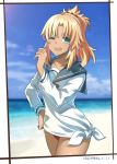  1girl ;d absurdres aqua_eyes beach bikini blonde_hair dress fate/apocrypha fate/grand_order fate_(series) highres looking_at_viewer makise_medaka mordred_(swimsuit_rider)_(fate) ocean one_eye_closed open_mouth ponytail red_bikini saber_of_red sailor_dress smile solo swimsuit tan teeth 