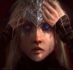  1girl absurdres blonde_hair blue_eyes copyright_name crying dark_souls_iii fire_keeper highres mask mask_on_head sketch solo souls_(from_software) stephen_sykes tears watermark web_address 