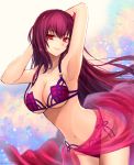  1girl armpits arms_behind_head arms_up bikini breasts cleavage fate/grand_order fate_(series) highres large_breasts leaning_forward long_hair looking_at_viewer midriff navel purple_hair red_eyes sarong scathach_(fate/grand_order) scathach_(swimsuit_assassin)_(fate) smile solo swimsuit under_boob yukihama 