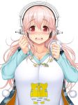  1girl blush breasts camouflage_hoodie cleavage headphones large_breasts long_hair looking_at_viewer nitroplus open_mouth pink_hair pom_pom_(clothes) solo super_sonico tsuji_santa upper_body 