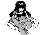  1girl akairiot bangs black_hair blunt_bangs bodystocking breasts cape cleavage covered_navel fire_emblem fire_emblem:_kakusei greyscale hime_cut looking_at_viewer monochrome reclining smile solo tharja tiara 