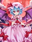  1girl arm_garter ascot bat_wings blue_hair bow brooch frilled_shirt frilled_shirt_collar frilled_sleeves frills full_moon hat hat_ribbon jewelry kanon_(ikamiso) lifted_by_self looking_at_viewer mob_cap moon nail_polish pink_shirt pink_skirt puffy_short_sleeves puffy_sleeves red_bow red_eyes red_moon red_nails red_ribbon remilia_scarlet ribbon sash shirt short_hair short_sleeves skirt skirt_lift skirt_set smile solo touhou wings wrist_cuffs 