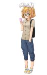  1girl absurdres bag bangs bare_arms bespectacled black-framed_eyewear blonde_hair blue_eyes blush bow breasts capri_pants casual cross-laced_footwear eyebrows eyebrows_visible_through_hair full_body glasses hair_between_eyes hair_bow hair_ornament hairclip hand_in_pocket highres holding_cellphone kagamine_rin kitsunerider looking_at_phone pants pigeon-toed pocket pout shoes short_hair short_sleeves small_breasts solo standing swept_bangs transparent_background vocaloid white_bow white_shoes 