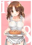  1girl alternate_costume apple_pie apron bare_arms bare_shoulders blush breasts brown_eyes brown_hair cleavage collarbone commentary_request eyebrows eyebrows_visible_through_hair food hair_ornament hair_scrunchie highres holding holding_tray idolmaster idolmaster_cinderella_girls large_breasts long_hair looking_at_viewer miyuki_rei naked_apron number open_mouth scrunchie solo totoki_airi tray twintails upper_body 