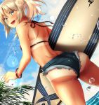  1girl ass bikini bikini_tan bikini_top blonde_hair blush braid denim denim_shorts dutch_angle fate/apocrypha fate/grand_order fate_(series) french_braid green_eyes highres long_hair mia_(gute-nacht-07) mordred_(swimsuit_rider)_(fate) ponytail saber_of_red short_shorts shorts solo surfboard swimsuit tan tanline water 