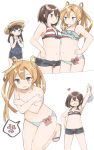  &gt;:/ &gt;:d 3girls :d ^_^ abukuma_(kantai_collection) anger_vein arm_up asymmetrical_docking bikini bikini_top_removed black_eyes black_hair blue_bikini blue_shirt blue_skirt blush bow breast_press breasts brown_eyes brown_hair clenched_hands closed_eyes closed_mouth clothes_theft collarbone comic covering covering_breasts eyebrows eyebrows_visible_through_hair female flying_sweatdrops frilled_bikini frills hair_between_eyes hand_on_hip hat head_tilt heart highres holding_bikini_top kantai_collection long_hair looking_at_another medium_breasts multiple_girls murakami_meishi navel nose_blush one-piece_swimsuit open_mouth own_hands_together pleated_skirt polka_dot polka_dot_swimsuit red_bow sandals sendai_(kantai_collection) shirt short_hair short_shorts shorts skirt smile spoken_anger_vein standing straw_hat striped_bikini_top sweatdrop swimsuit tank_top tears theft topless two_side_up ushio_(kantai_collection) white_background 