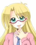  1girl artist_request blonde_hair collar freckles glasses green_eyes highres long_sleeves necktie open_mouth rebecca_hopkins solo yu-gi-oh! yuu-gi-ou_duel_monsters 