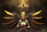  1girl 2016 absurdres blonde_hair bodysuit breasts brown_background dark_background dated embers gloves high_ponytail highres holding_staff lips looking_at_viewer mechanical_halo mechanical_wings medium_breasts mercy_(overwatch) overwatch ponytail shou_mai signature solo spread_wings upper_body wings yellow_wings 