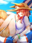  1girl animal_ears breasts fate/extra fate/grand_order fate_(series) fox_ears fox_tail hat looking_at_viewer looking_to_the_side parasol pink_hair pisu_(xxx8028) shirt solo tail tamamo_(fate)_(all) tamamo_no_mae_(swimsuit_lancer)_(fate) umbrella white_shirt yellow_eyes 