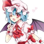  1girl ;d arm_garter ascot bat_wings blue_hair blush bow brooch fang frilled_shirt_collar frills hat hat_ribbon heart ikamiso9898 index_finger_raised jewelry kanon_(ikamiso) looking_at_viewer mob_cap one_eye_closed open_mouth pink_shirt puffy_short_sleeves puffy_sleeves red_bow red_eyes red_ribbon remilia_scarlet ribbon sash shirt short_hair short_sleeves skirt skirt_set smile solo touhou upper_body white_background wings wrist_cuffs 