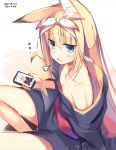 1girl 2016 absurdres animal_ears bare_shoulders blonde_hair blue_eyes blush cellphone dated fox_ears fox_tail highres holding holding_phone japanese_clothes kimono long_hair looking_at_viewer nozomi_tsubame off_shoulder open_mouth original phone sitting smartphone solo suzuha_(nozomi_tsubame) tail 