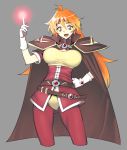  1girl :d ahoge belt beltskirt breasts cape cowboy_shot cropped_legs earrings fang gloves hand_on_hip headband jewelry jonylaser large_breasts lina_inverse long_hair looking_at_viewer open_mouth orange_eyes orange_hair pants pauldrons shirt slayers smile solo white_gloves 