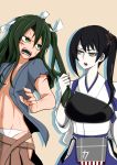  2girls blood commentary_request getumentour green_hair hair_ribbon hakama_skirt highres japanese_clothes kaga_(kantai_collection) kantai_collection multiple_girls pale_skin ribbon side_ponytail white_ribbon zuikaku_(kantai_collection) 