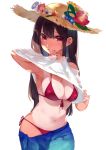  1girl bikini breasts brown_hair cleavage curvy flower front-tie_bikini front-tie_top grin hat hat_flower highres long_hair looking_at_viewer miwano_ragu navel one-piece_tan original red_bikini red_eyes shirt shirt_lift side-tie_bikini skirt skirt_pull smile solo straw_hat sun_hat sweat swimsuit tan tanline wide_hips 