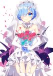  1girl blue_eyes blue_hair bouquet bridal_veil bride dress elbow_gloves flower gloves hair_ornament hair_over_one_eye highres jewelry re:zero_kara_hajimeru_isekai_seikatsu rem_(re:zero) ring short_hair solo strapless strapless_dress thigh-highs timins veil wedding_dress white_dress white_legwear x_hair_ornament 