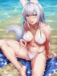  1girl :d animal_ears bangs bare_arms bare_legs bare_shoulders barefoot bikini blue_eyes blunt_bangs blush breasts cleavage collarbone day fox_ears fox_tail from_above highres jewelry kageshio_(276006) large_breasts legs_apart looking_at_viewer looking_up nail_polish navel necklace ocean open_mouth original purple_nails sekka_(kageshio) shiny shiny_skin silver_hair sitting smile solo stomach swimsuit tail water wet white_bikini 