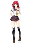  1girl black_legwear breasts full_body green_eyes hair_ornament hairclip hand_on_hip hand_on_own_chest highres hoshi_ori_yume_mirai koizumi_amane loafers long_hair looking_at_viewer over-kneehighs parted_lips pleated_skirt redhead school_uniform serafuku shoes simple_background skirt smile solo standing thigh-highs transparent_background yukimura_touko zettai_ryouiki 