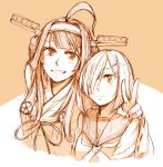  2girls ahoge arm_around_neck blush closed_mouth double_bun expressionless hair_ornament hair_over_one_eye hairband hairclip hamakaze_(kantai_collection) hand_on_another&#039;s_shoulder hauza0324 kantai_collection kongou_(kantai_collection) long_hair looking_at_another looking_at_viewer monochrome multiple_girls neckerchief sailor_collar sepia short_hair sketch v 