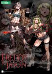  2girls a_nightmare_on_elm_street abs axe blood boots breasts claw_(weapon) cleavage crossover freddy_krueger friday_the_13th genderswap genderswap_(mtf) highres jacket jason_voorhees machete mask_on_head multiple_girls shorts torn_clothes weapon yamashita_shun&#039;ya 