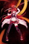  1girl :o asymmetrical_clothes belt black_boots black_gloves black_legwear blazing_heart_(elsword) boots coat crop_top elesis_(elsword) elsword fingerless_gloves full_body gloves highres knee_boots long_hair looking_at_viewer navel open_mouth red_eyes redhead single_pantsleg single_thighhigh solo standing sword tei_(piateira) thigh-highs weapon 