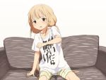  1girl bandai_namco blonde_hair blush child collarbone futaba_anzu idolmaster idolmaster_cinderella_girls long_twintails looking_at_viewer nannaru_(nananana) open_mouth pants shirt short_sleeves simple_background sitting solo sweat white_background 