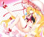  1girl babydoll bangs blonde_hair breasts butterfly cleavage closed_mouth full_body hair_ribbon hat hat_ribbon heart heart_background high_heels lace lace-trimmed_panties leg_ribbon leg_up long_hair looking_at_viewer medium_breasts mob_cap orange_eyes panties parasol red_ribbon ribbon roh_nam_kyung sitting smile solo touhou umbrella underwear very_long_hair yakumo_yukari 