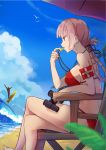  1boy 1girl beach bikini binoculars bird blue_sky braid breasts chair clouds fate/grand_order fate_(series) florence_nightingale_(fate/grand_order) hsin legs_crossed long_hair outdoors parasol pink_hair red_bikini red_eyes romulus_(fate/grand_order) sideboob sitting sky surfboard swimsuit umbrella waves whistle 