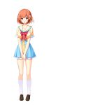  1girl blush breasts brown_hair flower frilled_skirt frilled_sleeves frills full_body hair_flower hair_ornament highres hoshi_ori_yume_mirai koizumi_amane looking_at_viewer open_mouth red_eyes ribbon shinozaki_marika shoes simple_background skirt smile solo standing transparent_background 